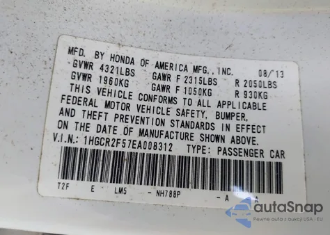 2014 Honda Accord Sport из США, поврежденный, VIN 1HGCR2F57EA008312